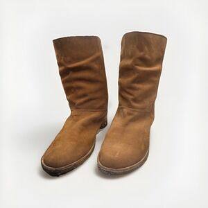Beek Tan Suede Mid Calf Slouch Boots Crepe Sole Studded Heel Bohemian Brown